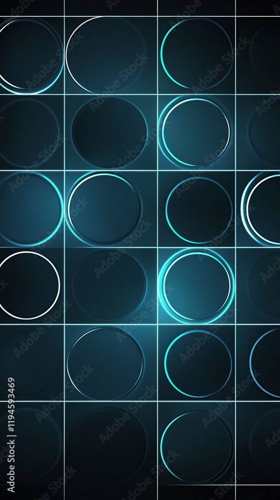 Poster a minimalistic grid of glowing circles on a dark background clean design and sharp details for seaml