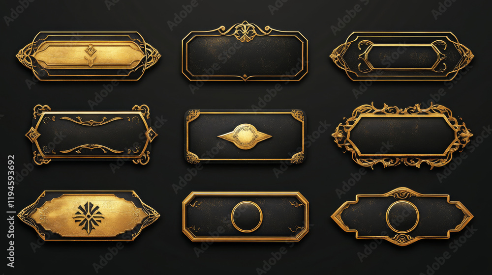 Poster game ui long button with thin gold frame. rectangular medieval border with golden metal ornament for