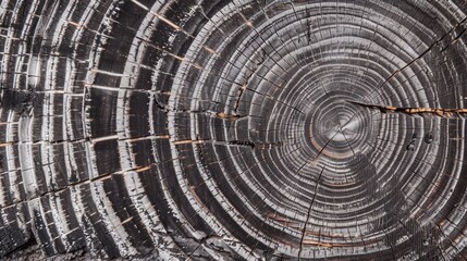 Exquisite Warm Gray Cut Wood Texture: A Detailed Glimpse into the Black - and - White Realm of a Felled Tree Trunk or Stump, with Close - up of Rough Organic Tree Rings and End Grain
