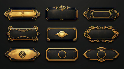 Game ui long button with thin gold frame. Rectangular medieval border with golden metal ornament for title and menu design. 3d vector set of luxury vintage text sign board with art deco elements.