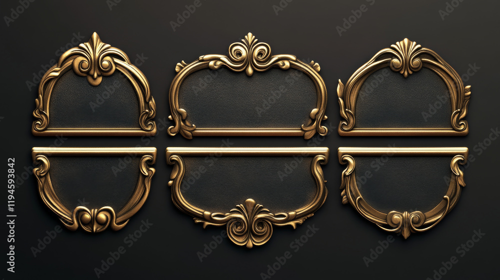 Poster game ui long button with thin gold frame. rectangular medieval border with golden metal ornament for