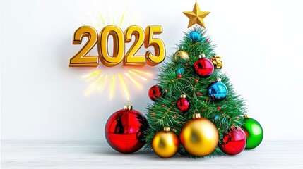 A photostock of a glowing Christmas tree with golden "2025" text radiating above, surrounded by festive decorations and holiday lights. High Quality