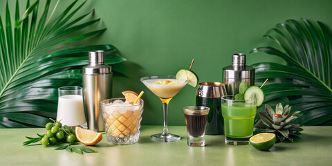 An elegant lineup of classic bar cocktails in stylish glasses with garnishes on a brown backdrop, perfect for party, bar, or menu promotions