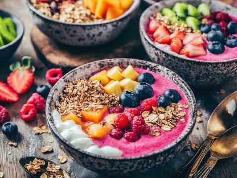 A cheerful breakfast scene with vegan options, featuring smoothie bowls, fresh fruit