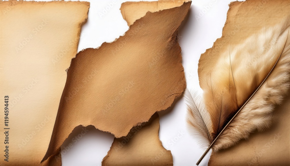 Poster old parchment texture with feather on a white background for creative projects and designs