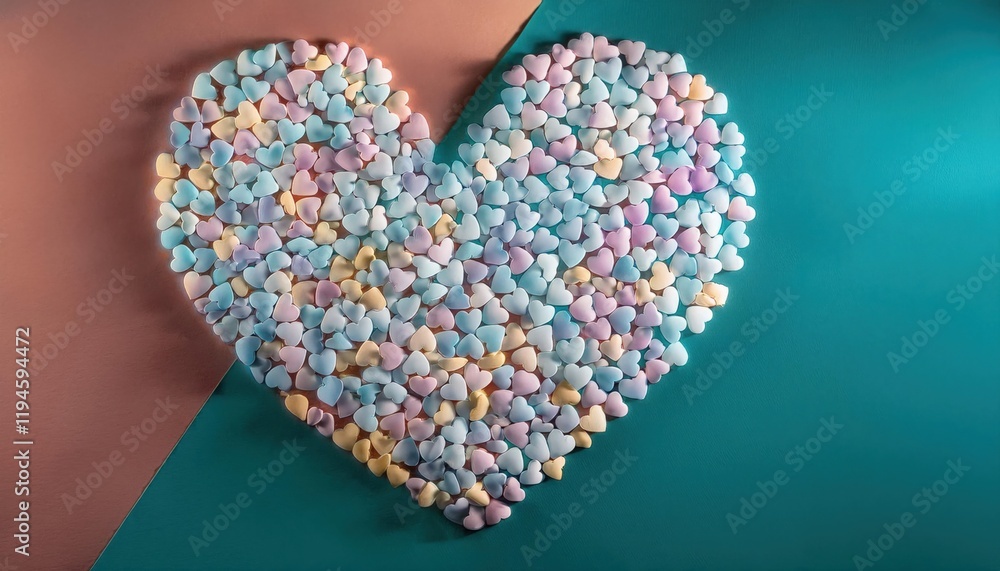 Poster heart shape created with small colorful candies on an abstract background