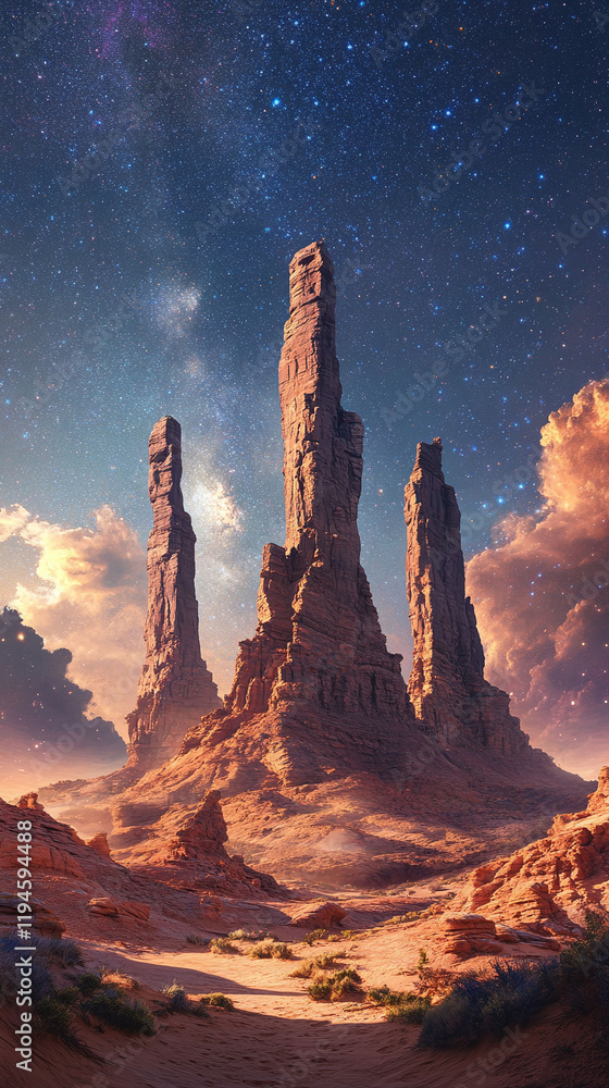 Aufkleber a panoramic desert scene with towering sandstone formations under a clear starry sky symmetrical and