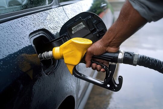 A person refuels a car using a yellow gas pump nozzle while it's raining, highlighting the necessity of fuel in various weather conditions.