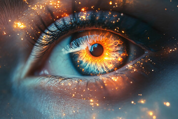 Title: Radiant Glowing Eye Surrounded by Swirling Patterns of Light and Color Symbolizing Clarity, Insight, and the Wisdom to See Beyond the Surface in Abstract Digital Art