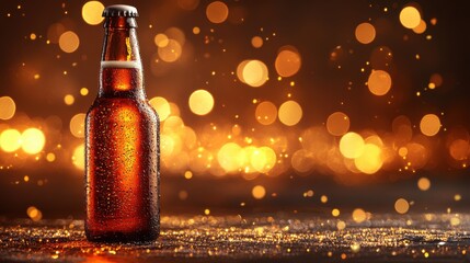 Refreshing amber beer bottle against a shimmering golden background featuring sparkling bokeh, highlighting condensation and inviting atmosphere of celebration and enjoyment