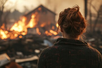 Woman Surveying Burned Home After Fire – Emotional Scene from Behind, Post-Fire Destruction, Disaster Aftermath, Home Loss, and Tragedy Recovery
