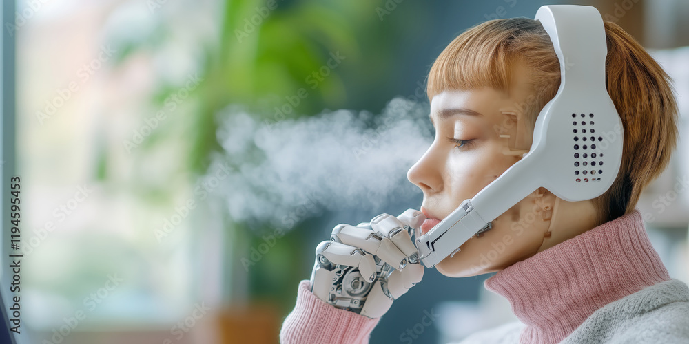 Poster humanoid robot appears stressed with visible overheat smoke in modern setting