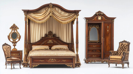 Wooden furniture for old luxury bedroom isolated on white background. Vector cartoon set of vintage canopy bed, nightstand, wardrobe, chair and mirror in golden frame