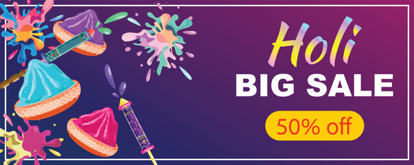 Festive Holi banner featuring colorful Pichkari splashes, vibrant powders, and Holi Sale text, perfect for promotions