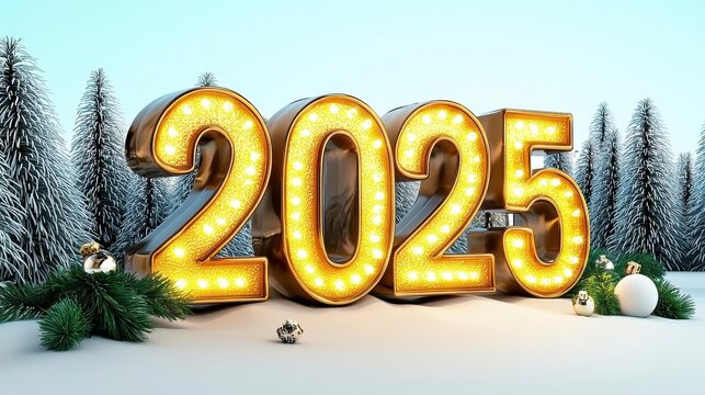A photostock of a serene winter wonderland with snow-covered trees and glowing "2025" text radiating warmth and peace. High Quality