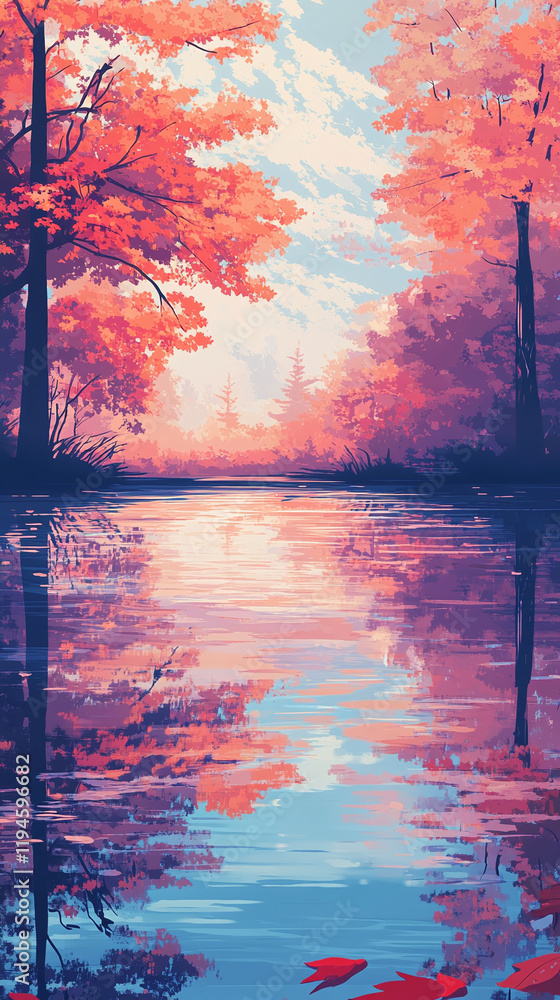 Aufkleber a serene lake reflecting a colorful autumn forest soft light and smooth gradients perfectly composed