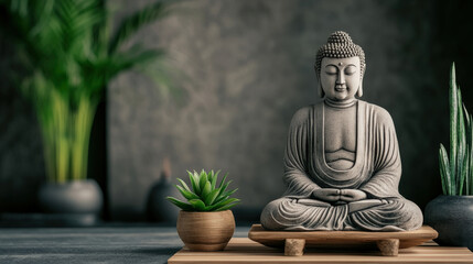 serene Buddha statue sits on wooden platform, surrounded by lush green plants and small succulent. This tranquil scene evokes peace and mindfulness in calming environment