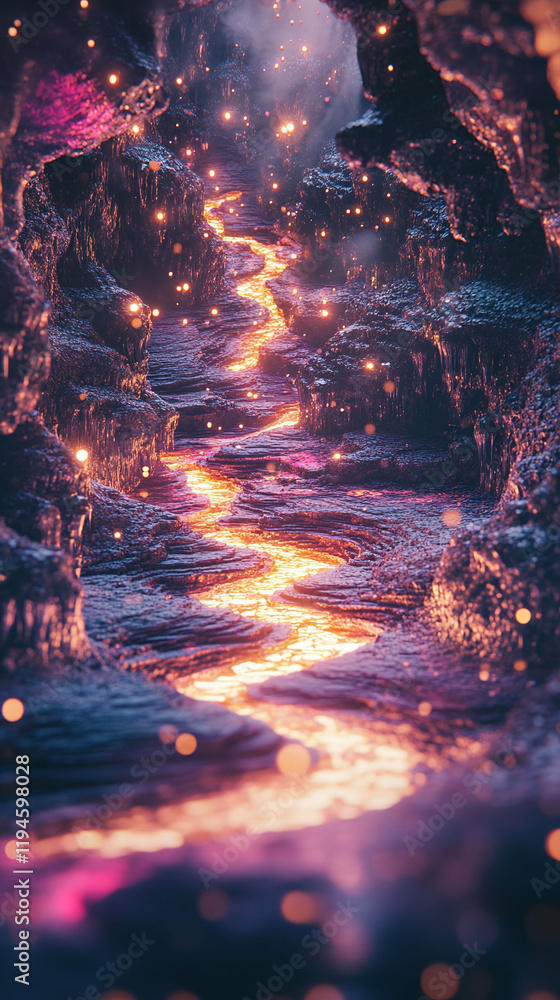 Poster a surreal underworld with glowing rivers of light and mysterious rock formations ethereal and symmet