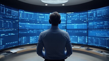 Man reviewing data on large screens.