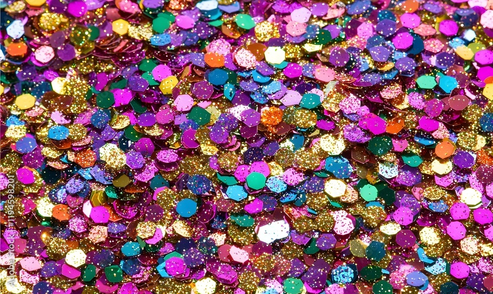 Poster vibrant spectrum, a dazzling display of shimmering glitter reflecting a rainbow of hues, creating a 