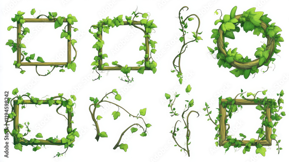 Poster frames and borders made of liana twisted and tangled branch with green leaves. cartoon vector rain f