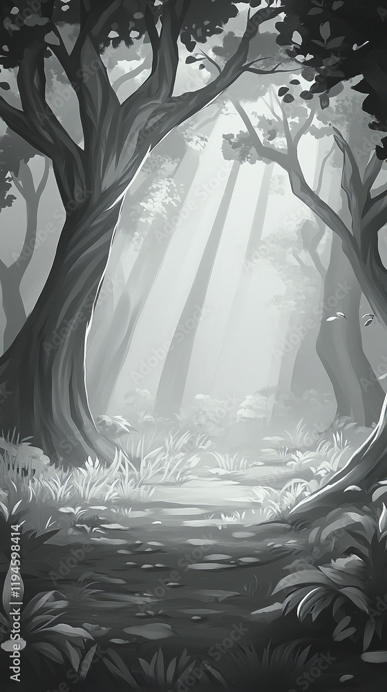 Poster a tranquil monochrome forest clearing with beams of light filtering through.