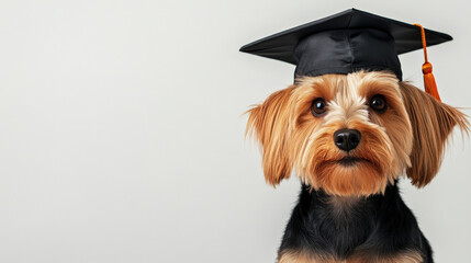 Graduation dog wearing cap, celebrating achievement with joy and pride. This adorable pet symbolizes success and education in fun and heartwarming way