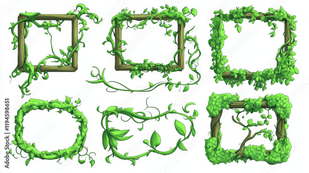 Poster frames and borders made of liana twisted and tangled branch with green leaves. cartoon vector rain f