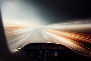 A dramatic cockpit perspective of an airplane soaring through the clouds, capturing the sensation of speed and adventure as the landscape blurs into vibrant colors.