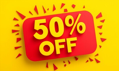 Cheerful Discount Banner, vibrant red text promoting a 50% off sale, set against a soft yellow background, inviting and eye-catching design.