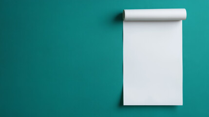 Roll of white blank paper unrolled against a teal background, showcasing simplicity and ideal for presentations, creative designs, or advertising with ample space for text and design elements.