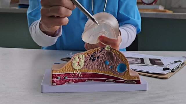Doctor demonstrates breast implant rupture using an anatomical model. Implant rupture causes complications and mammoplasty