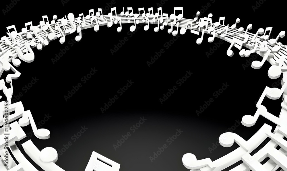 Poster melodic harmony, a striking circular arrangement of bold black musical notes creating a dynamic visu
