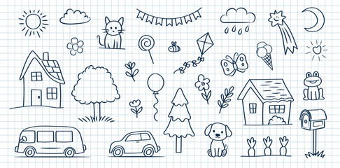Cute doodle set of naive children's drawings. House, tree, cat, dog, etc. on the background of a notebook sheet. Vector background.