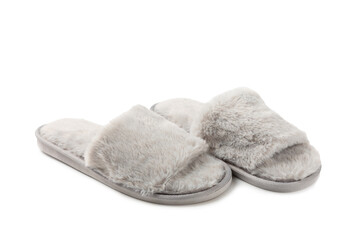 Soft slippers isolated on white background. Home slippers. Comfortable shoes for home. Foot care concept. Home comfort. Space for text. Copy space.