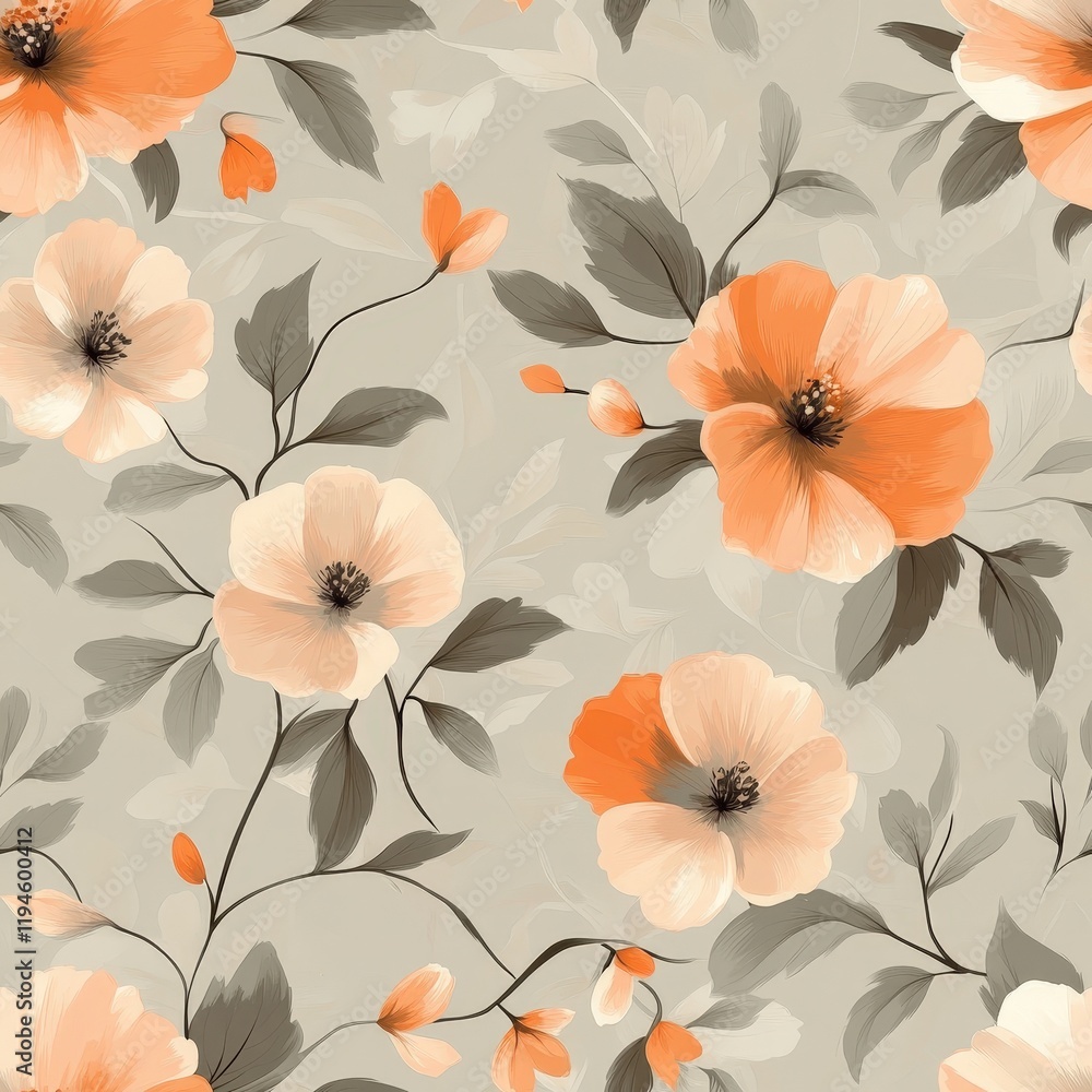 Poster delicate floral seamless pattern with soft orange and beige flowers on a subtle background for elega