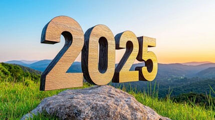 A photostock of glowing "2025" text floating above a peaceful mountain landscape during a vibrant sunset, symbolizing new beginnings. High Quality