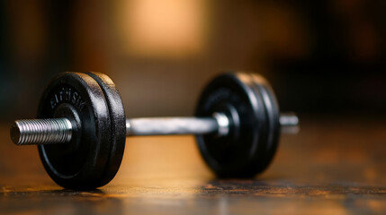 A black weightlifting dumbbell lies on a wooden surface, under soft warm lighting. The image conveys a sense of strength, determination, and physical exercise while maintaining an aesthetic focus.