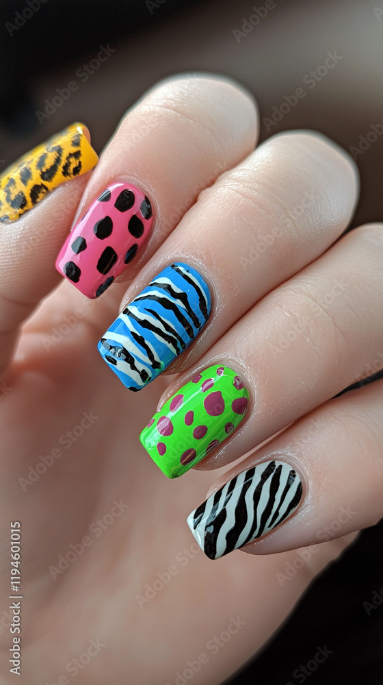 Poster animal print nails featuring leopard and zebra patterns in bold colors.
