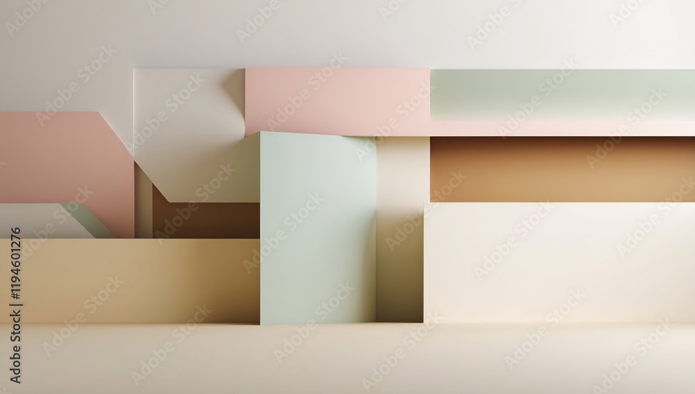 Poster abstract design with pastel colors featuring geometric shapes overlapping with soft tone transitions