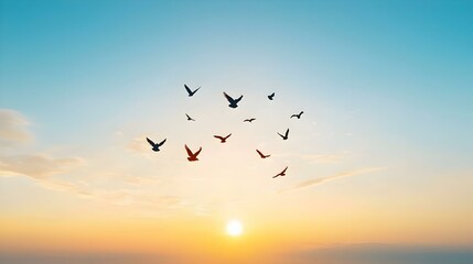 Obraz premium Vibrant twilight sky filled with a spectrum of colors, silhouettes of birds soaring gracefully against the backdrop of a fading day.