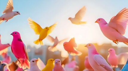 Colorful Sunset with Scattered Birds, a vibrant blend of warm hues painting the sky, birds in flight adding life to the tranquil evening scene