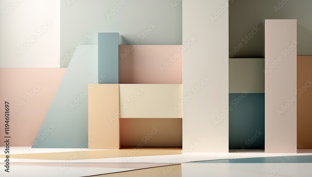 Poster abstract design with pastel colors featuring geometric shapes overlapping with soft tone transitions