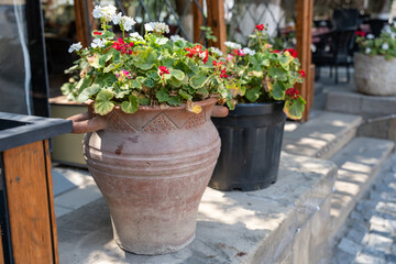 A large vase with a plant in it sits on a ledge next to a smaller vase with a plant in it. The vases are placed on a stone ledge outside