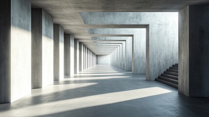Sunlit Concrete Corridor, Staircase, Modern Building