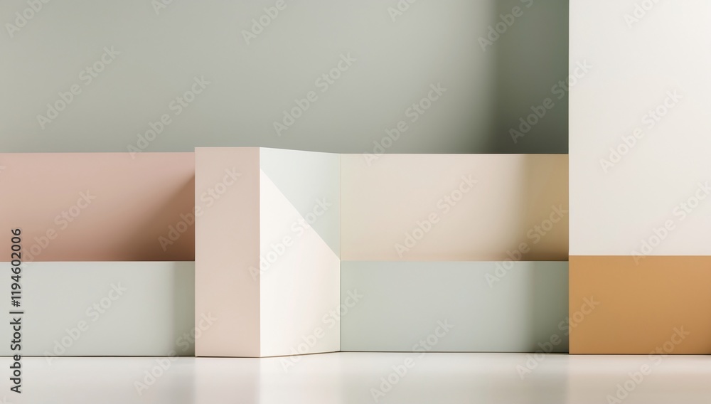 Poster abstract design with pastel colors featuring geometric shapes overlapping with soft tone transitions