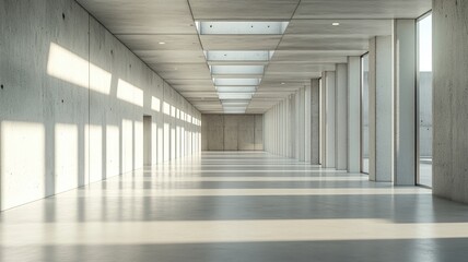 Obraz premium Sunlit concrete hallway, modern building, empty space, architectural design