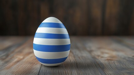 Fototapeta premium Beautifully painted egg with blue stripes standing on a rustic wooden table, evoking the spirit of spring and festive celebrations in a cozy atmosphere