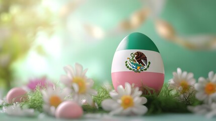 Vibrant Easter egg adorned with Mexican national colors and emblem among delicate flowers in a serene spring setting