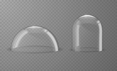 Glass domes of different spherical shapes and sizes in realistic 3d style. Exhibition showcase or laboratory instrument, dust cover. Vector illustration.